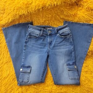 SO Women's Cargo Flare Leg Jeans in Denim Blue